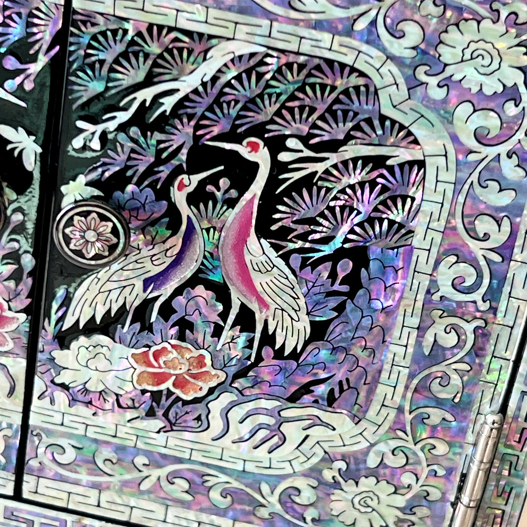 Mother-of-Pearl Double-Door Jewelry Chest: Longevity Motif, Black Ground