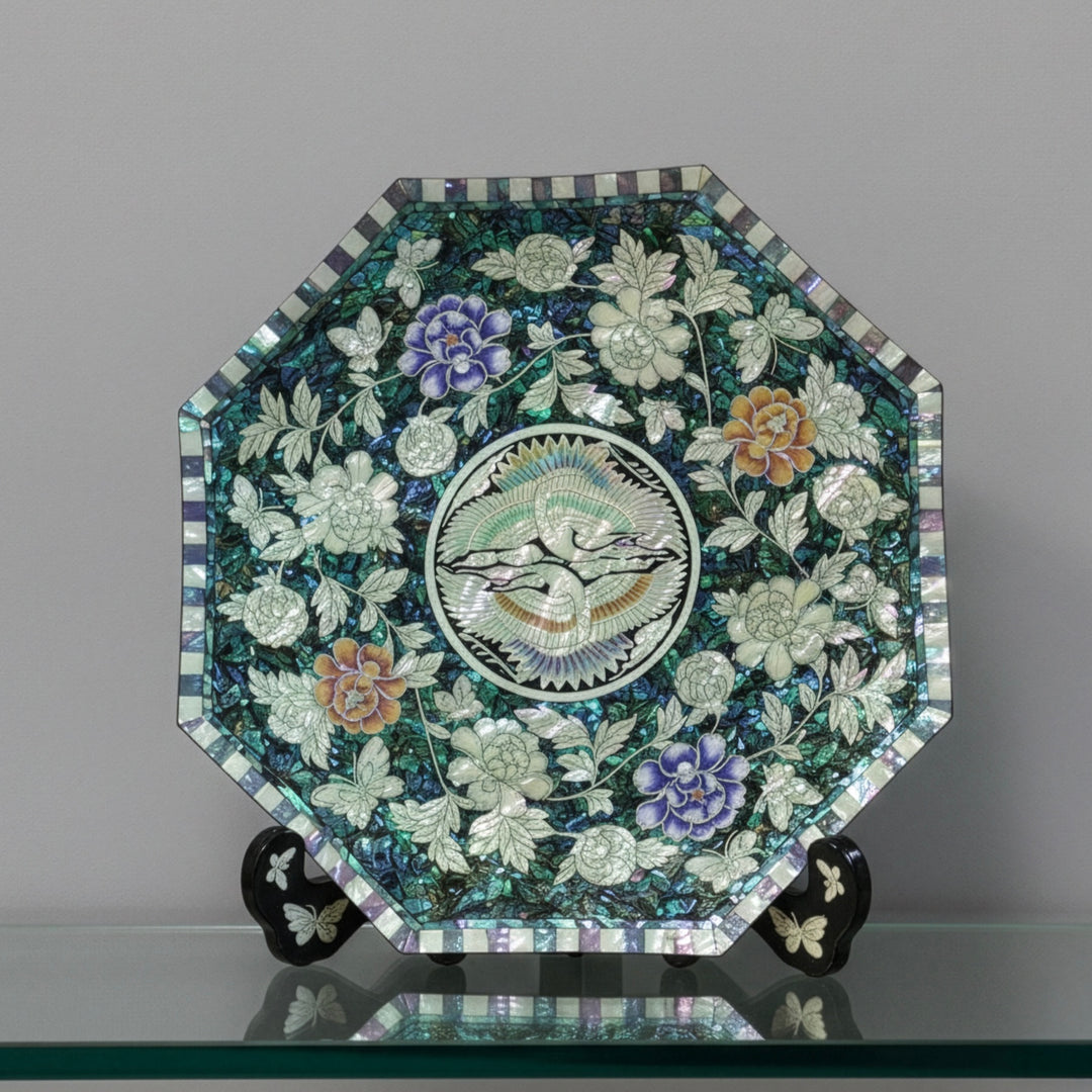 Mother of Pearl Octagonal Tray: Twin Cranes and Peony on Abalone