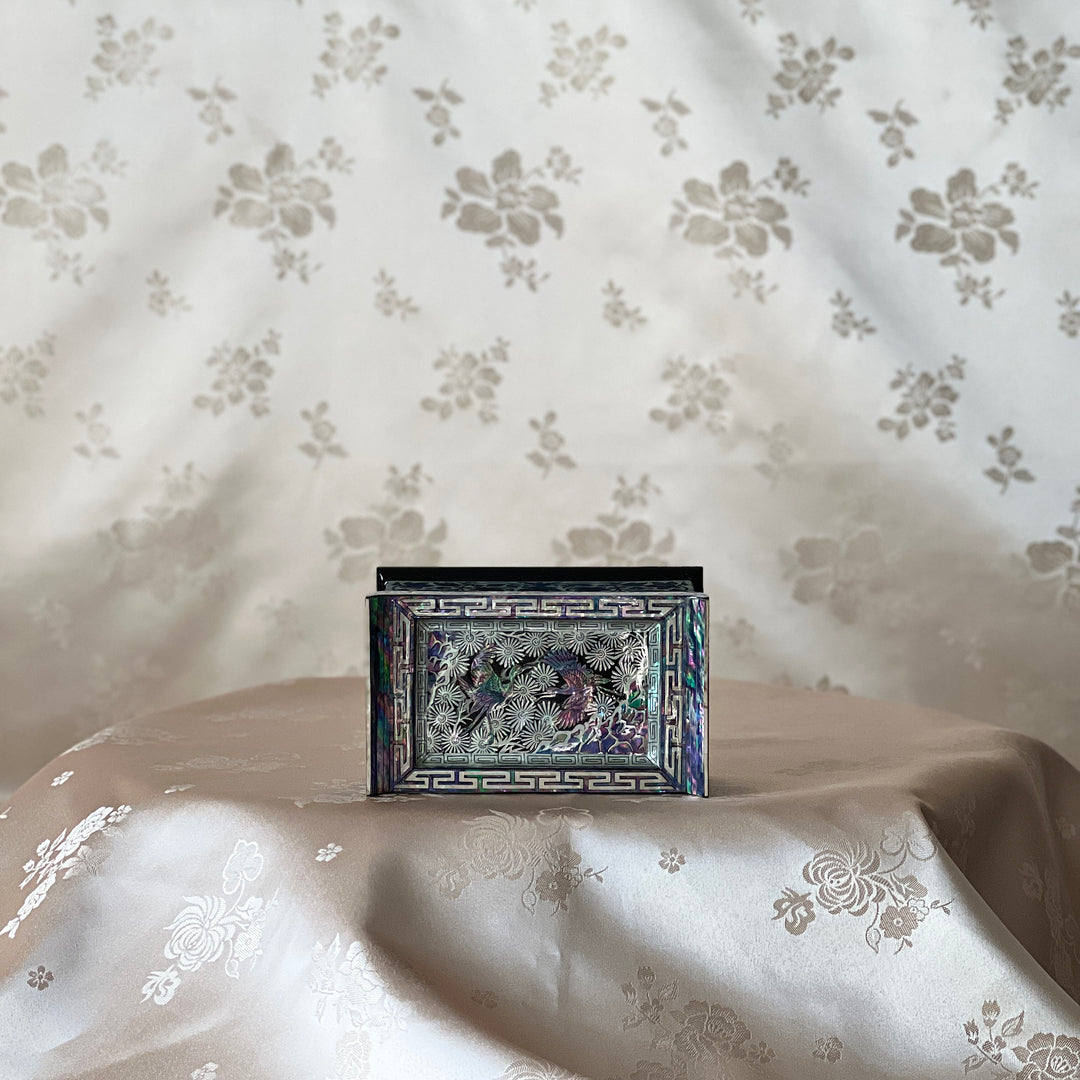 Mother-of-Pearl Lidded Box: Scholar’s Desk-Inspired Form with Crane and Pine Motif