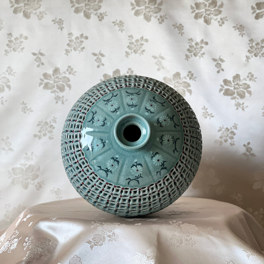 Celadon Double-Walled Openwork Vase: Inlaid Chrysanthemum and Chilbo Pattern