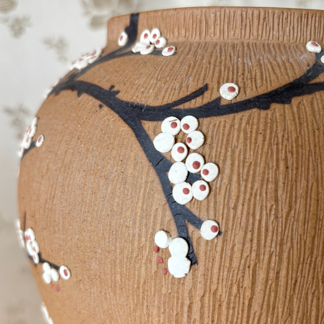 Unglazed Ceramic Maebyeong Jar with Lid: Inlaid Plum Blossom Branches