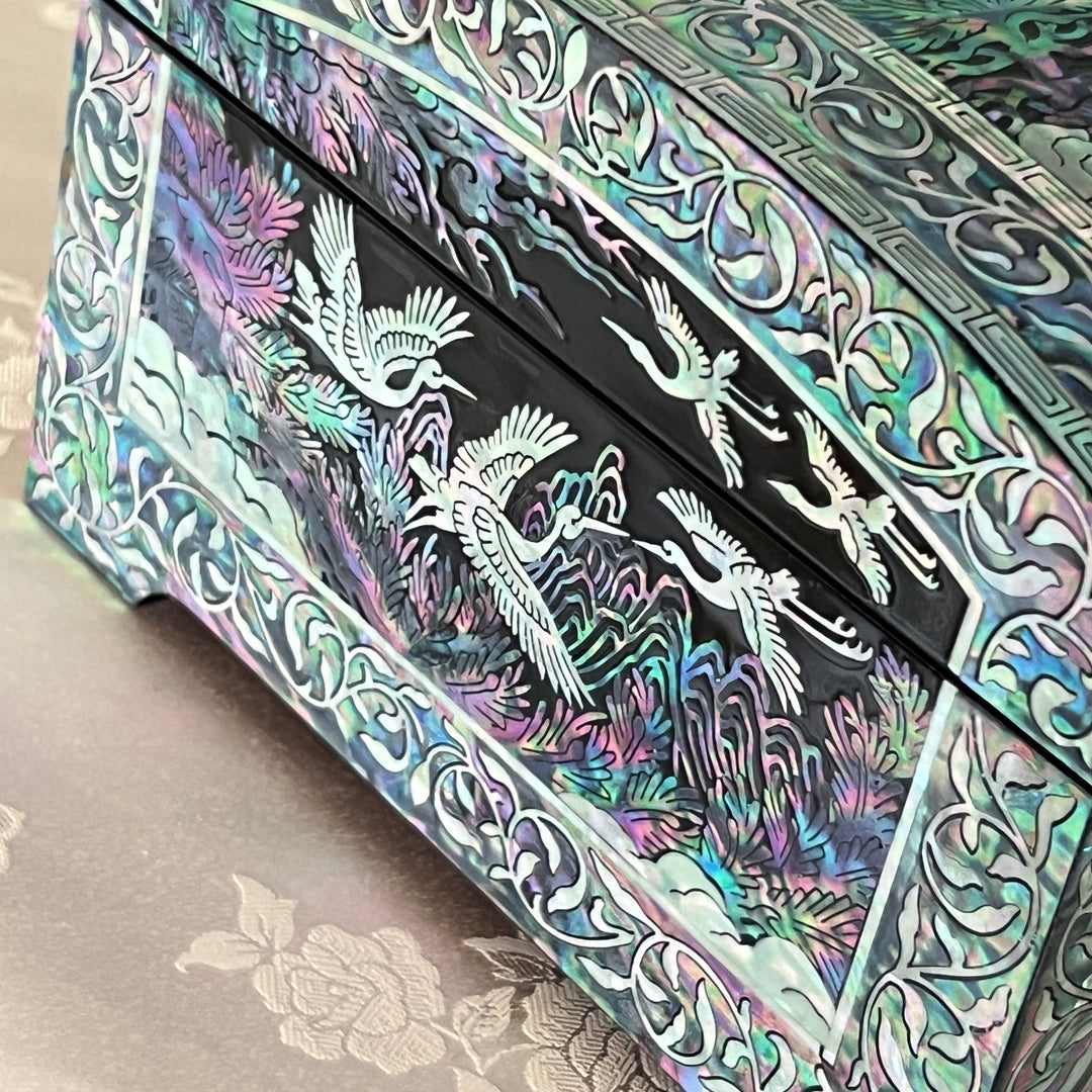 Mother-of-Pearl Jewelry Box: Auspicious Mountain Landscape with Cranes
