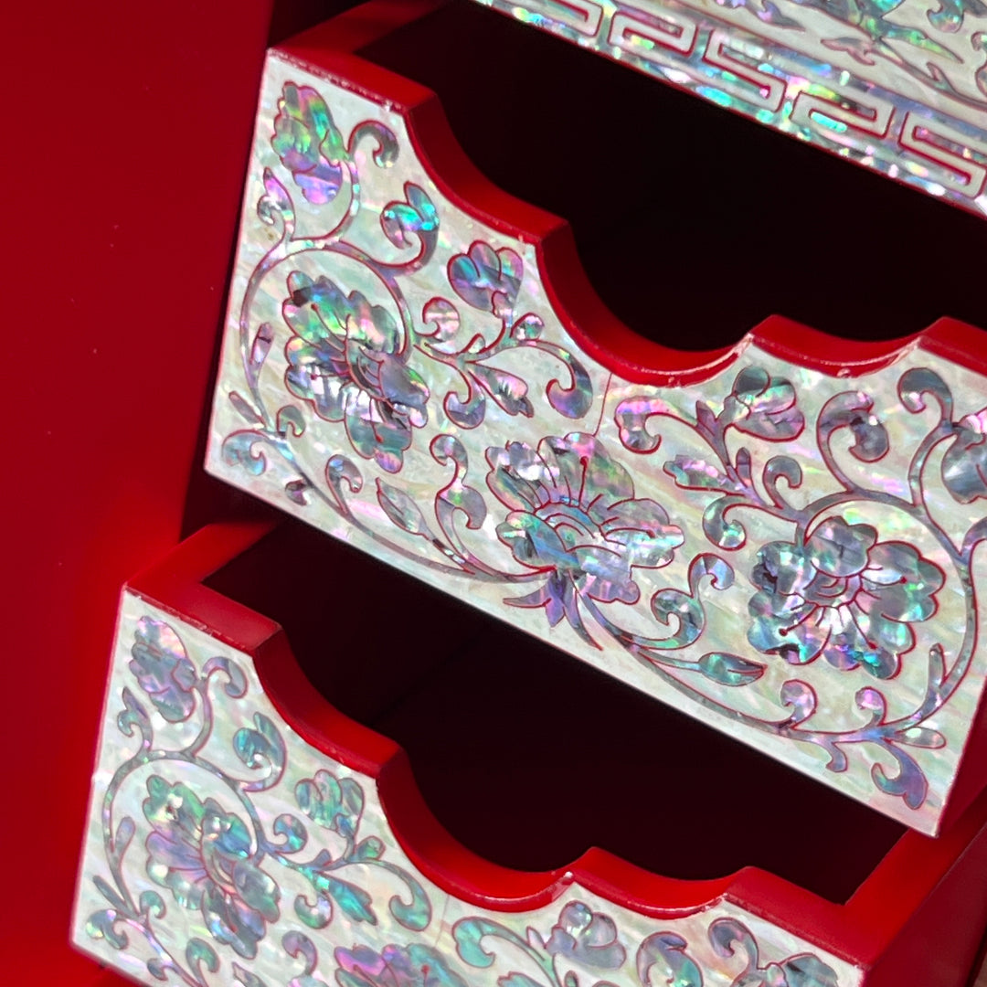 Mother-of-Pearl Double-Doored Jewelry Chest: Grand Scale, Longevity Motif on Red Ground