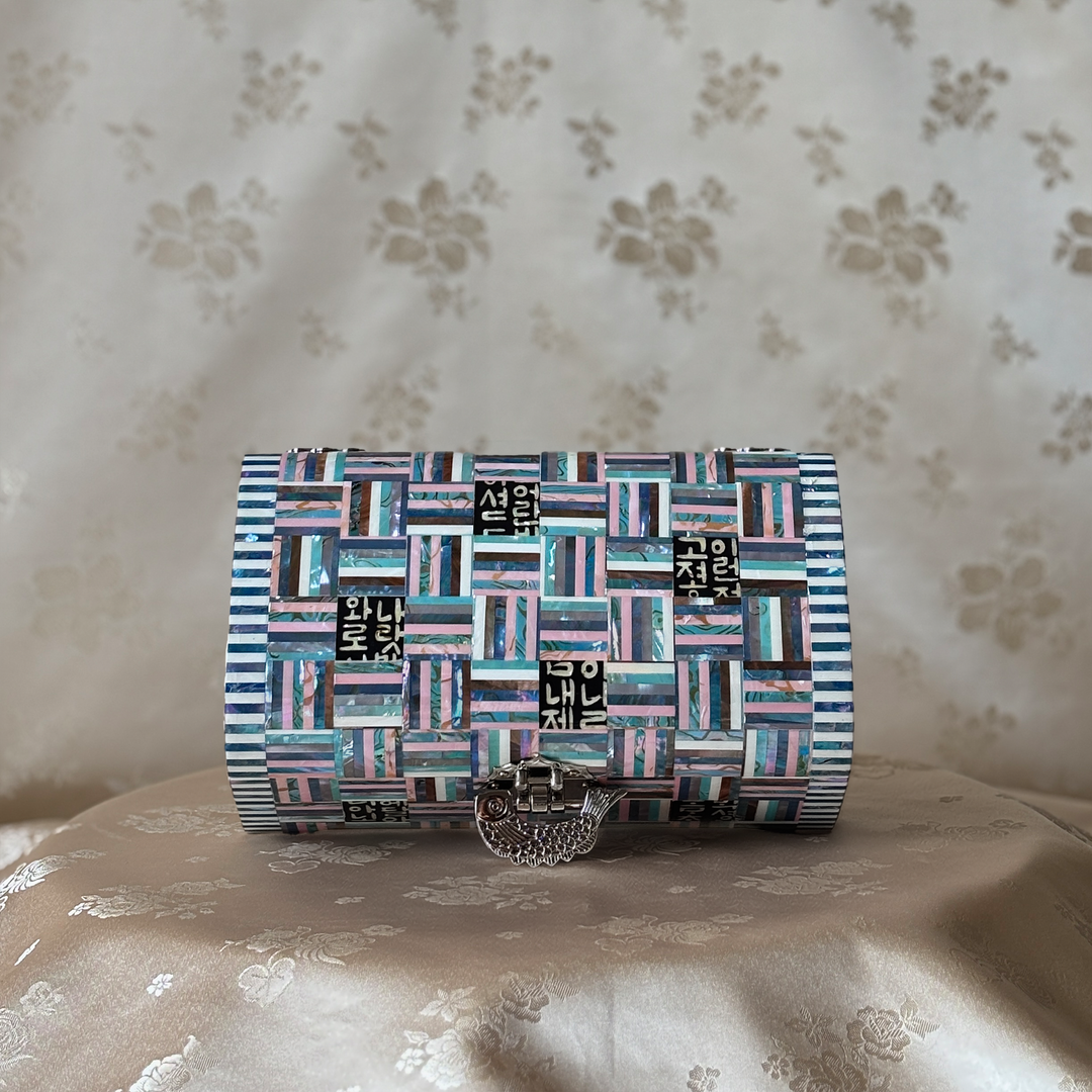 Mother-of-Pearl Arched-Lid Jewelry Box: Geometric Abalone Strip Composition with Hangul Accents