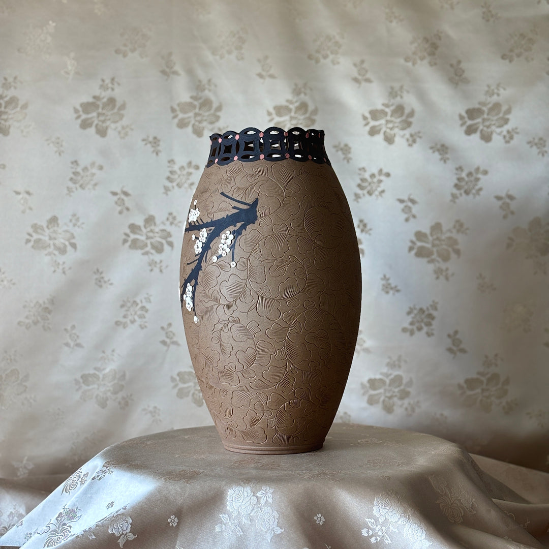 Unglazed Ceramic Vase: Buncheong Clay Body with Plum Blossom Branch and Openwork Rim
