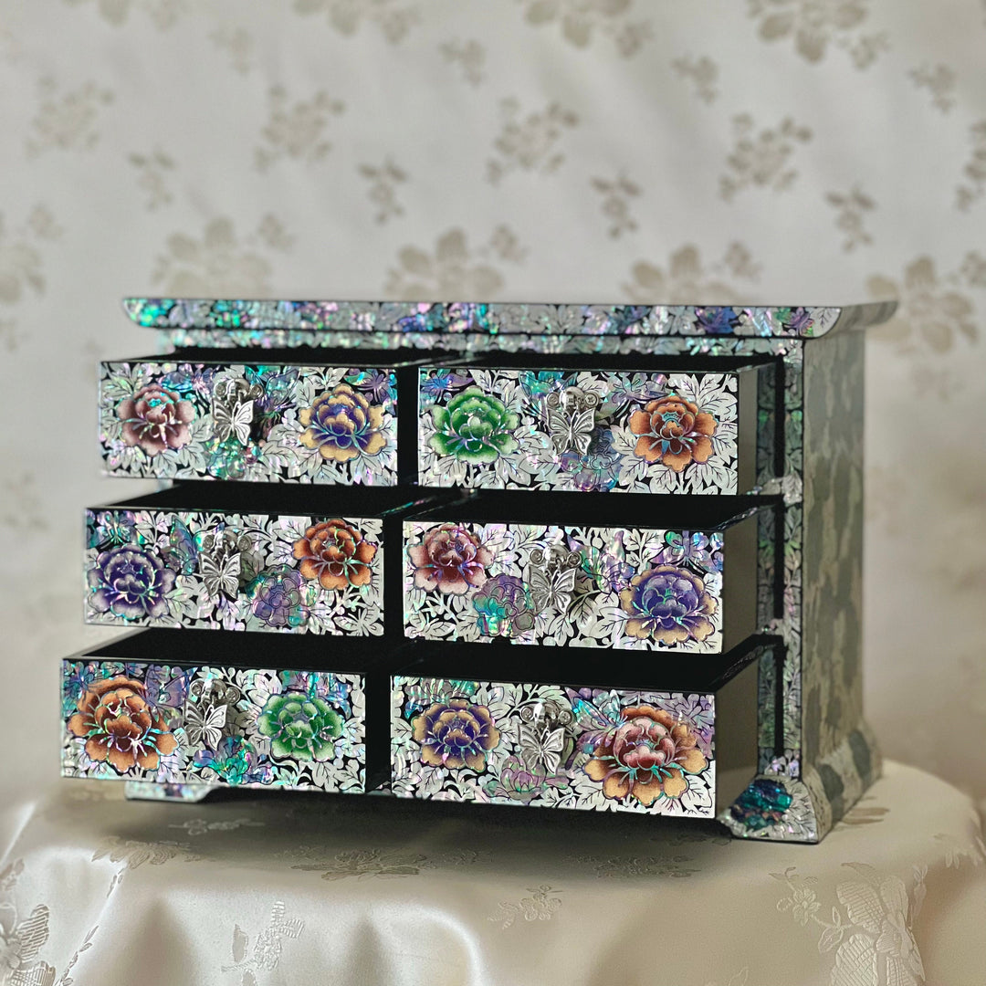 Mother of Pearl Jewelry Chest: Peony and Butterfly Motif in Scholar’s Desk Form