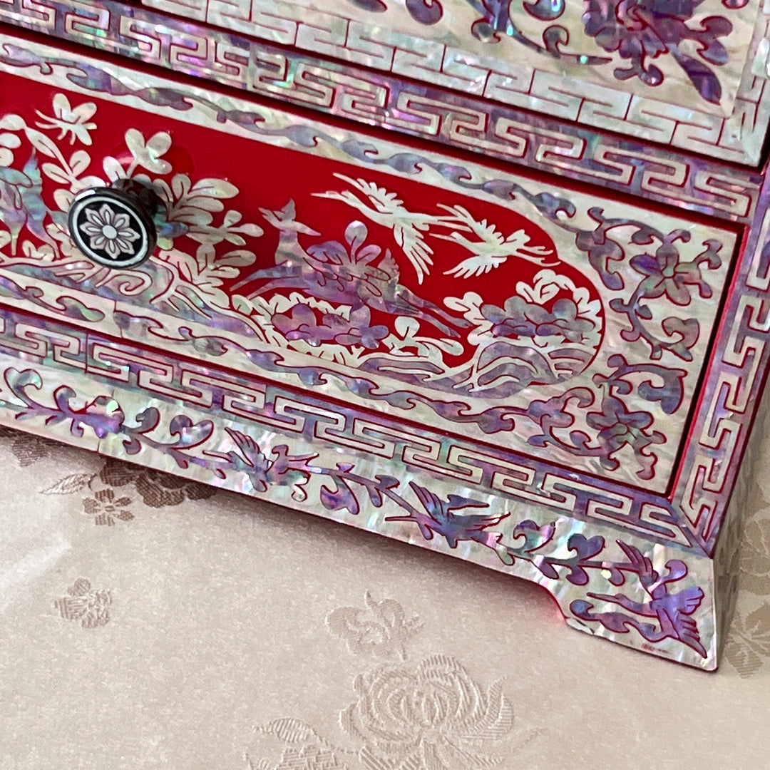 Mother-of-Pearl Double-Door Jewelry Chest: Longevity Motif, Red Ground