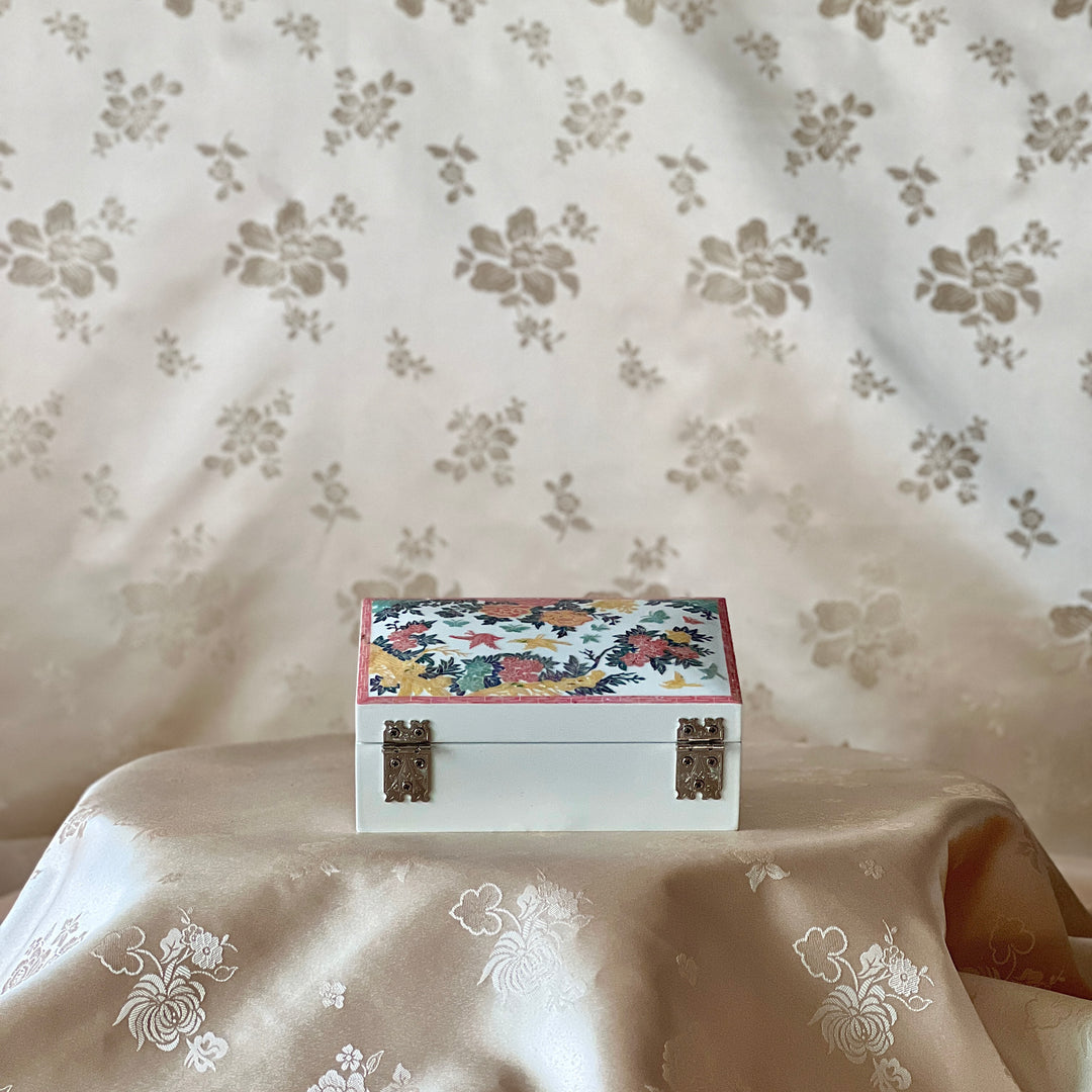 Mother-of-Pearl Jewelry Box: Peony and Bird Floral Motif on White Ground