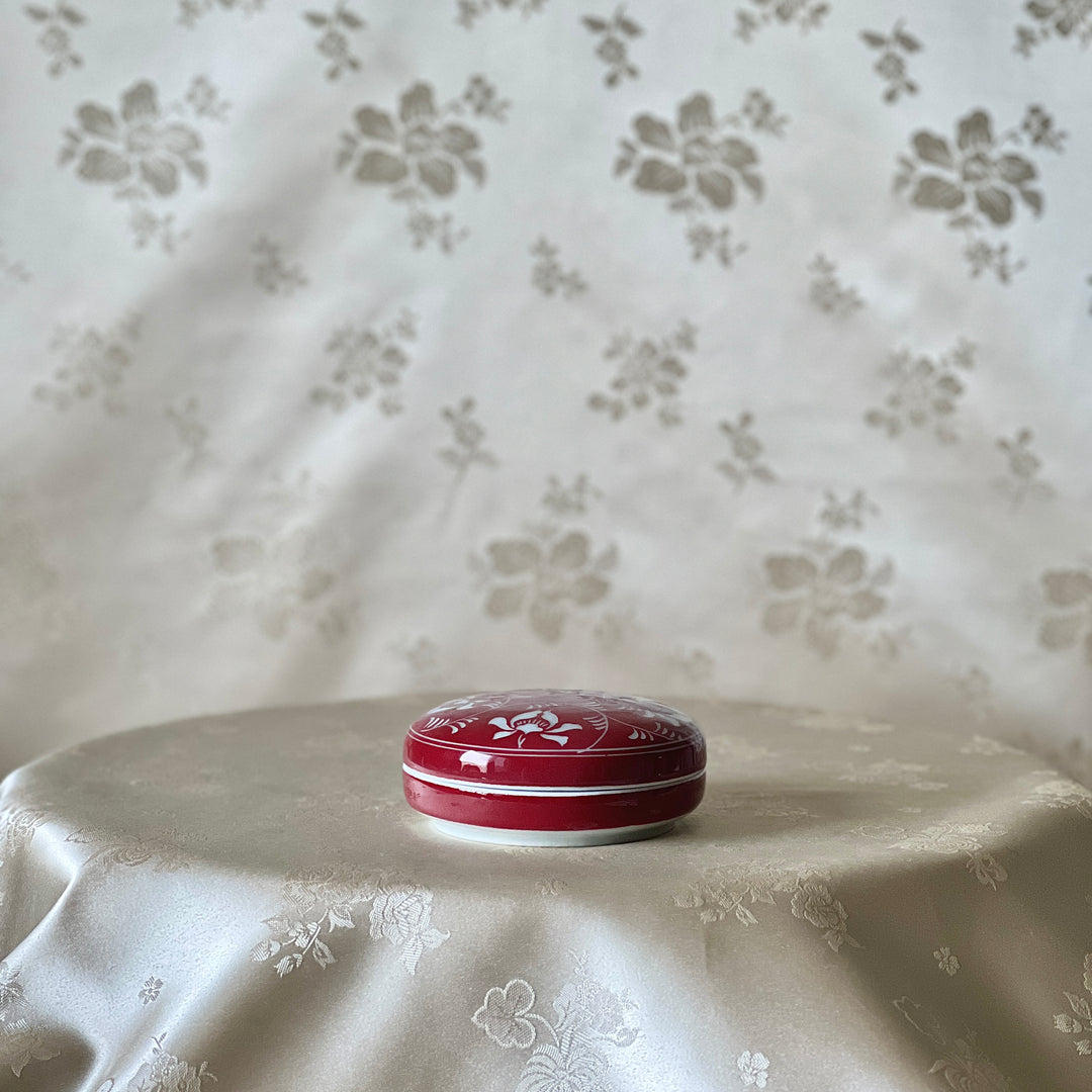 White Porcelain Incised Lotus-Arabesque Motif Incense Box in Copper-Red Glaze