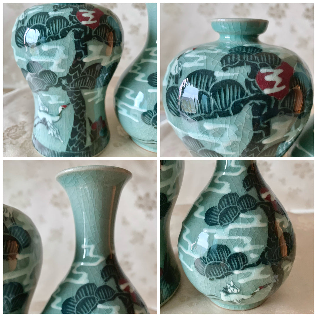 Celadon Vase Set with Embossed Pine Tree and Crane Pattern (청자 양각 송학문 매병,주병)