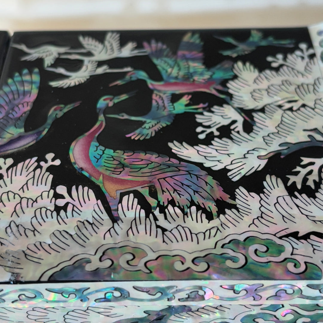 Mother of Pearl Jewelry Chest Pair: Black Body with Pine and Crane Motif in Scholar’s Desk Form