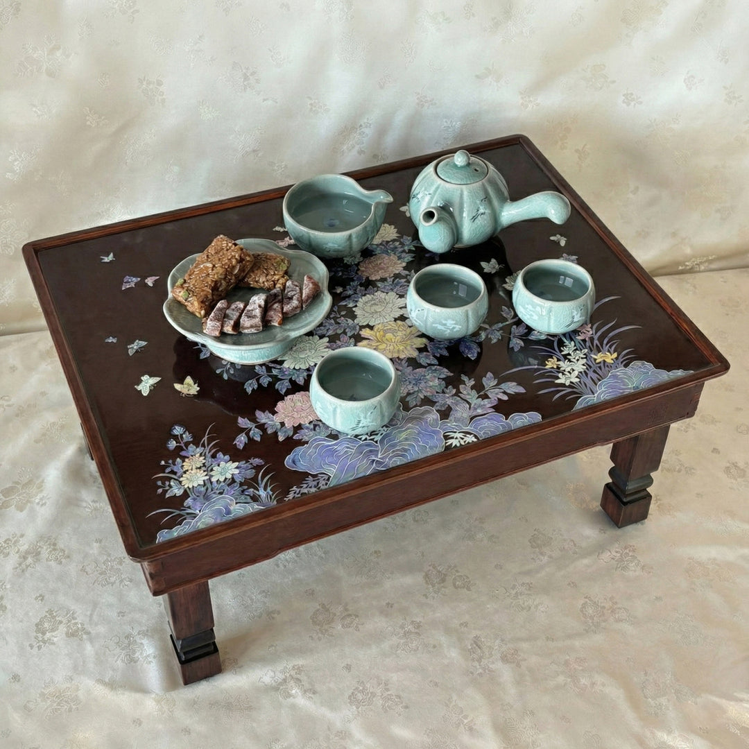 Mother of Pearl Folding Table: Grand Scale, Garden Landscape Motif with Peonies and Butterflies