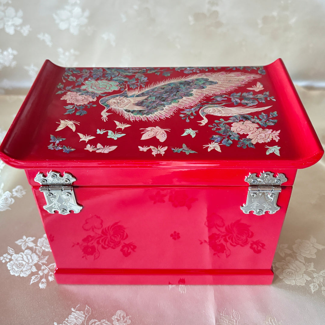 Mother-of-Pearl Jewelry Chest: Red Body with Peacock Motif in Scholar’s Desk Form