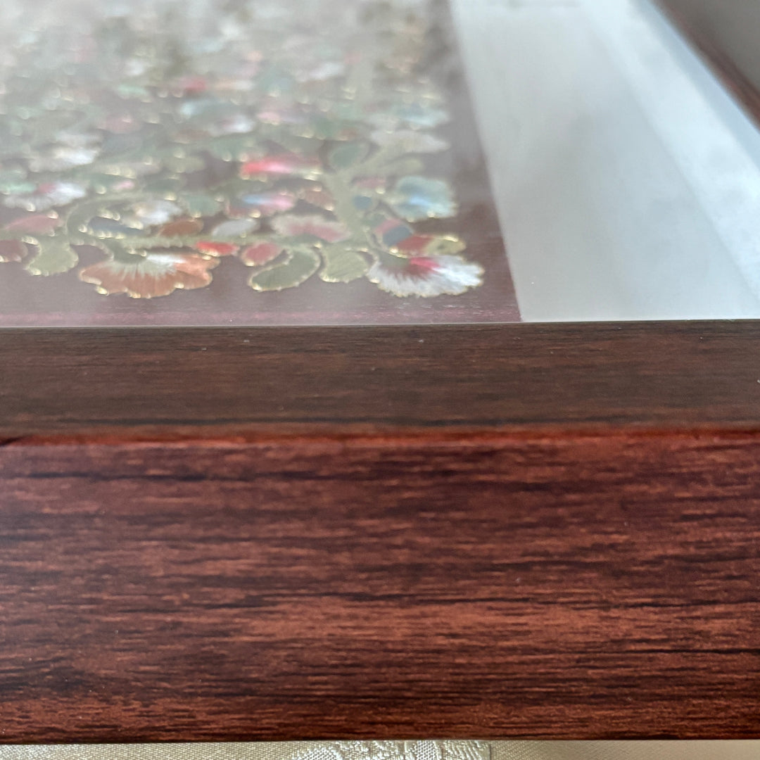 Embroidered Wall Art: Traditional Vine Pattern on Deep Red Silk in Wooden Frame