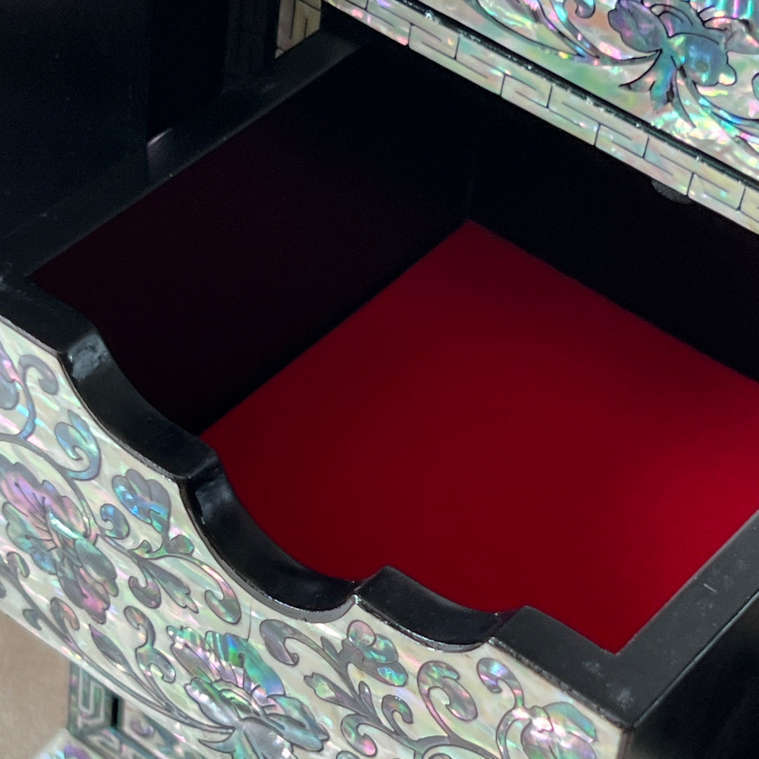 Mother-of-Pearl Double-Doored Jewelry Chest: Grand Scale, Longevity Motif on Black Ground