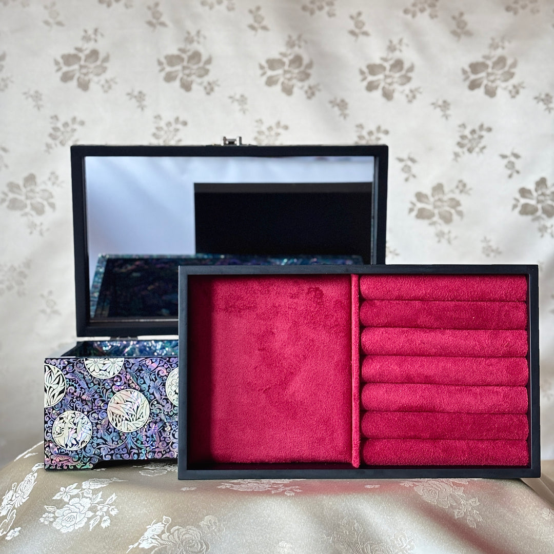 Mother-of-Pearl Jewelry Box: Crane Landscape with Longevity Symbols