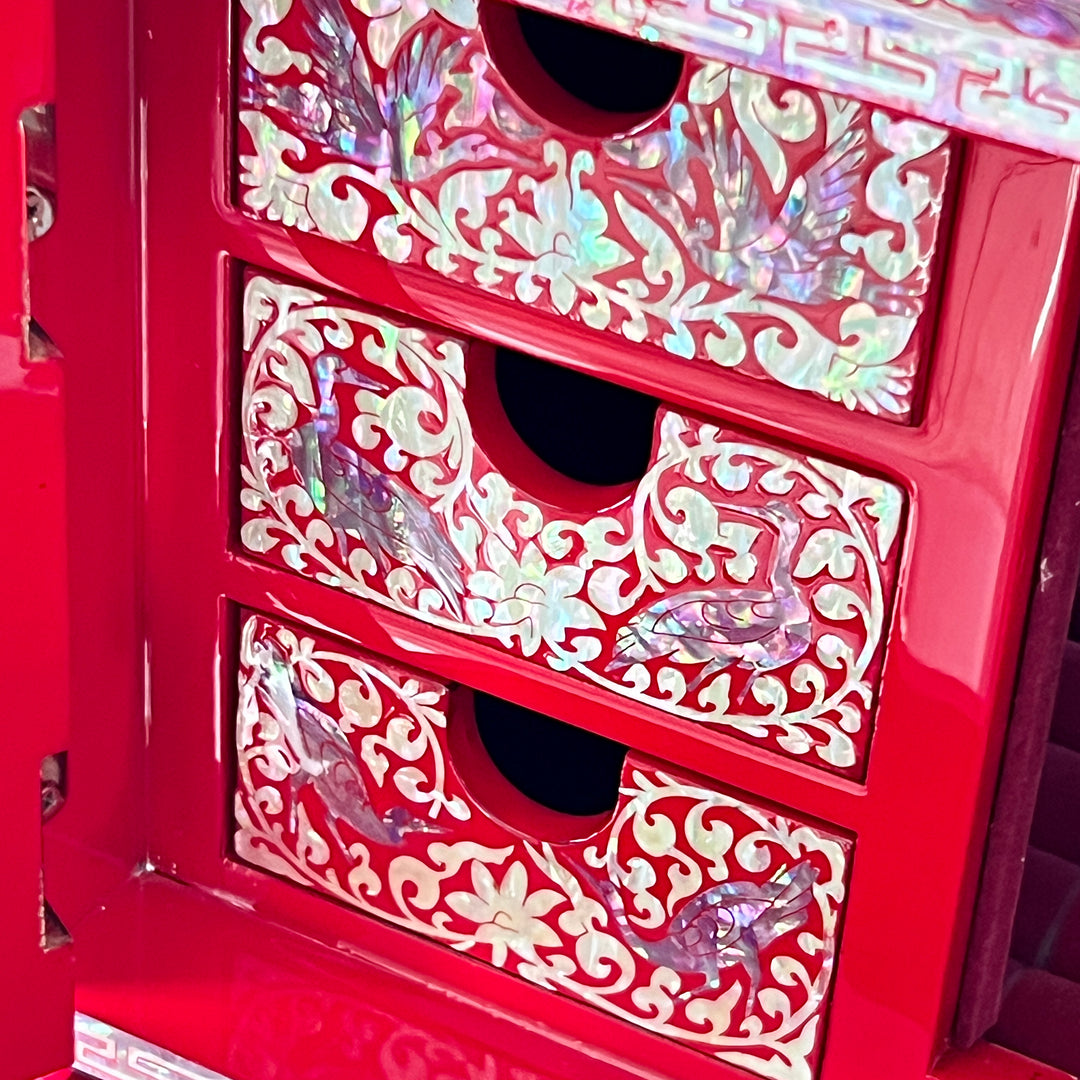 Mother-of-Pearl Double-Door Jewelry Chest: Longevity Motif, Red Ground