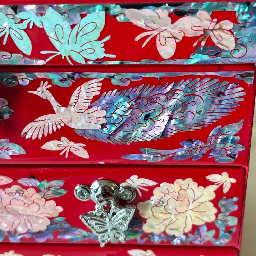 Mother-of-Pearl Jewelry Chest: Red Body with Peacock Motif in Scholar’s Desk Form