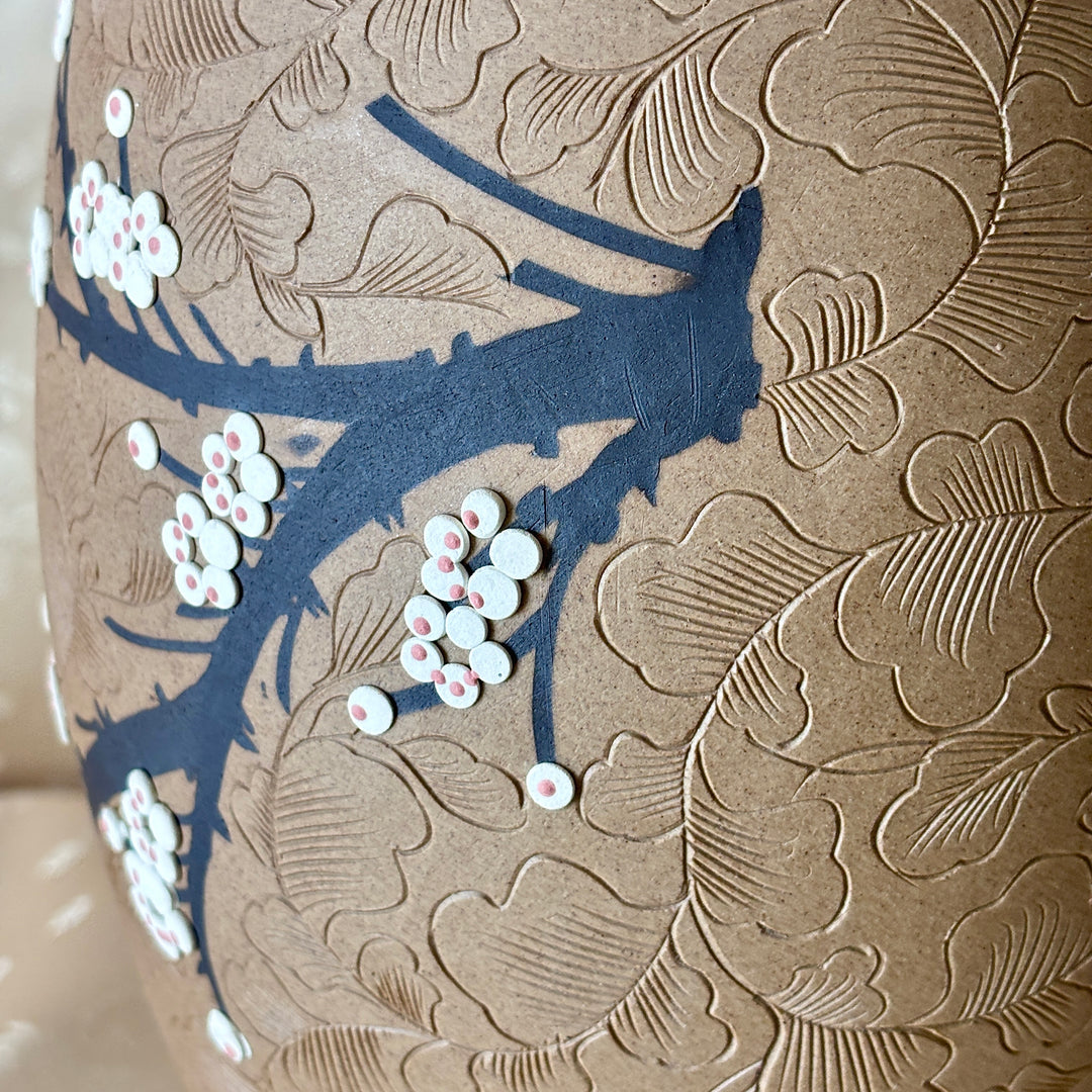 Unglazed Ceramic Vase: Buncheong Clay Body with Plum Blossom Branch and Openwork Rim
