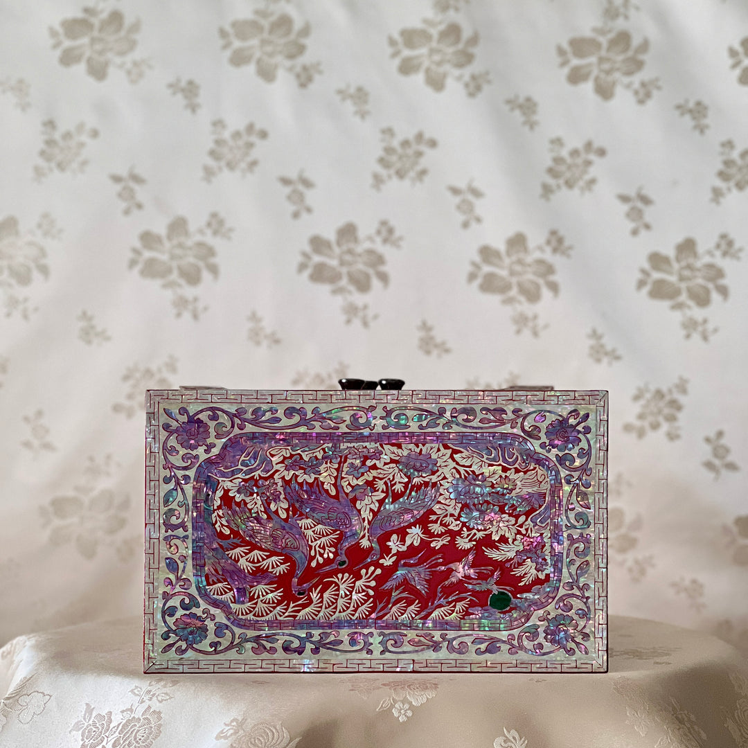 Mother-of-Pearl Double-Door Jewelry Chest: Longevity Motif, Red Ground