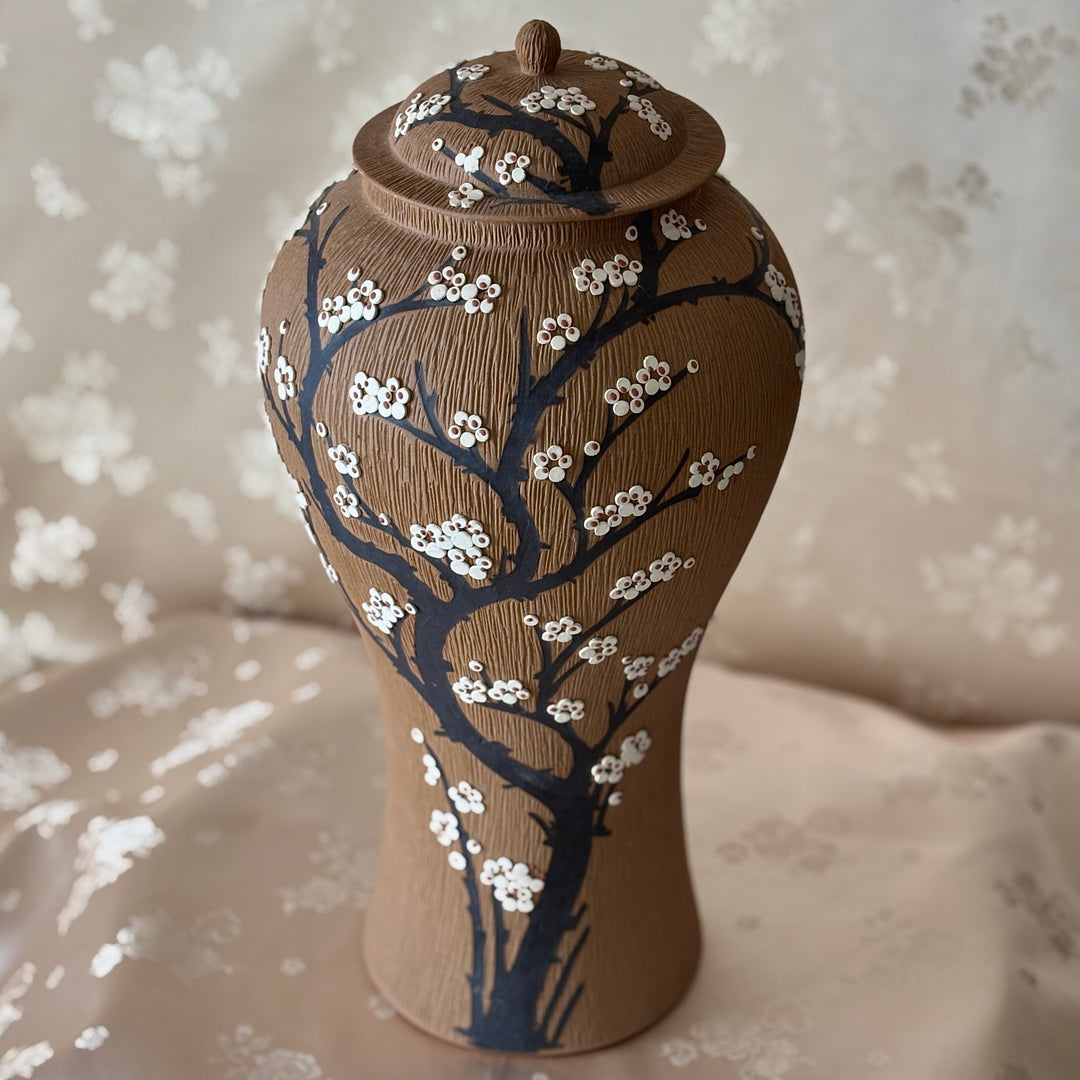 Unglazed Ceramic Maebyeong Jar with Lid: Inlaid Plum Blossom Branches