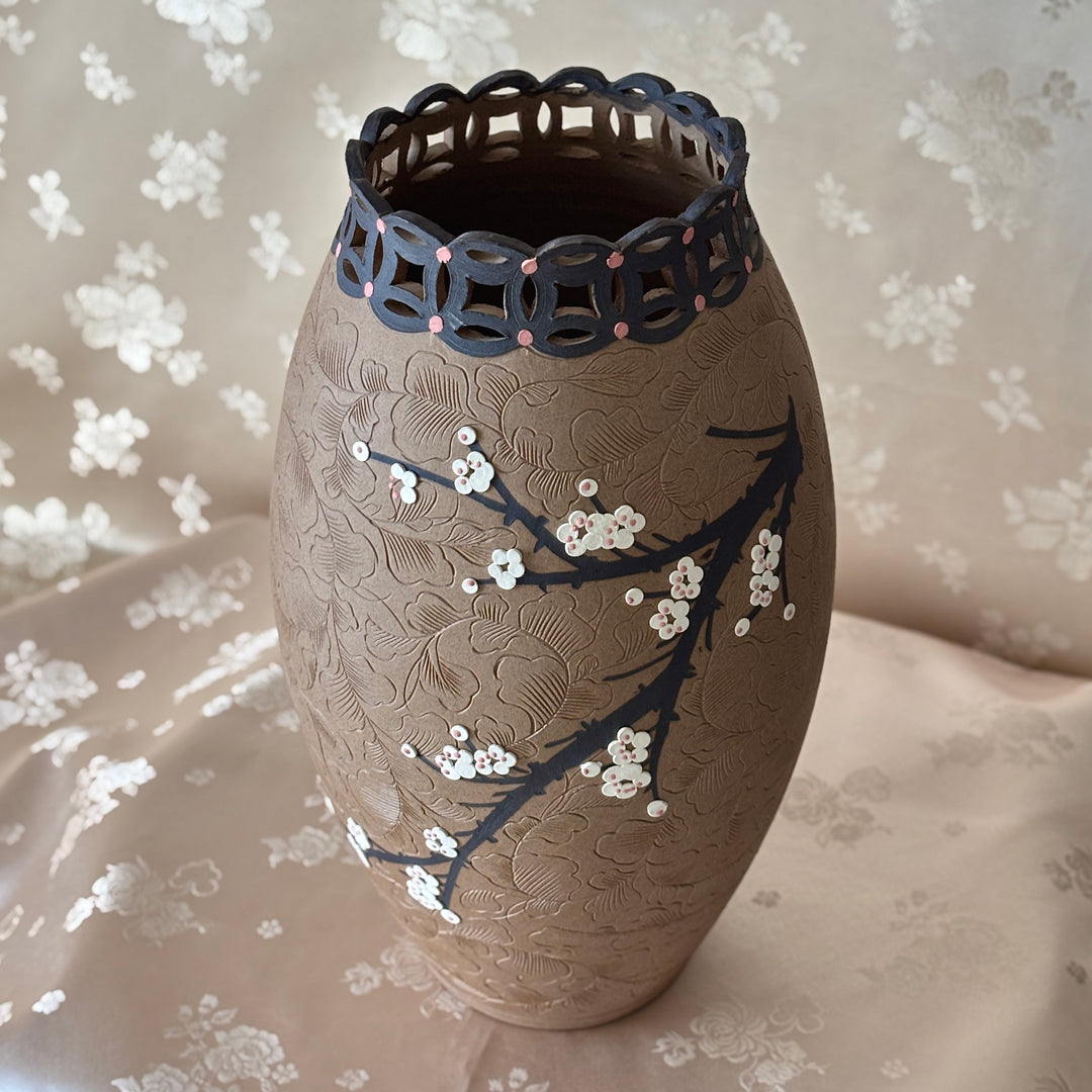 Unglazed Ceramic Vase: Buncheong Clay Body with Plum Blossom Branch and Openwork Rim