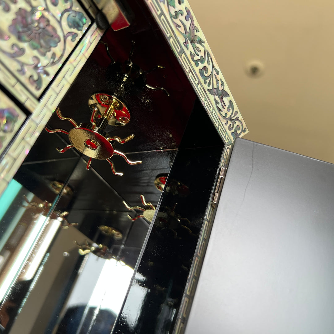 Mother-of-Pearl Double-Doored Jewelry Chest: Grand Scale, Longevity Motif on Black Ground