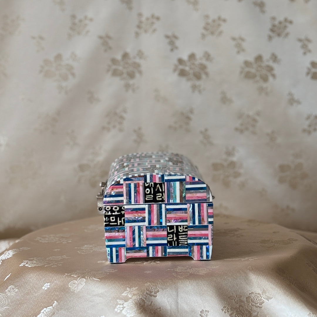 Mother-of-Pearl Arched-Lid Jewelry Box: Geometric Abalone Strip Composition with Hangul Accents