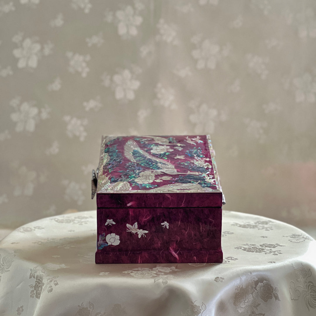 Mother of Pearl Jewelry Box: Peacock and Peony Motif on Deep Purple Hanji Body