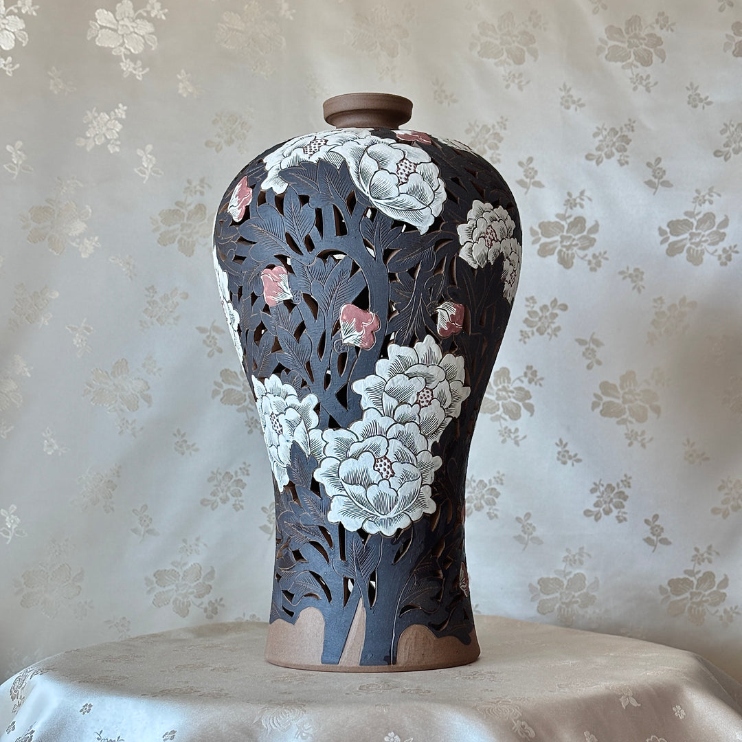 Buncheong Openwork Vase Set: Grand-Scale, Peony Motif with Three-Color Slip, Unglazed Finish