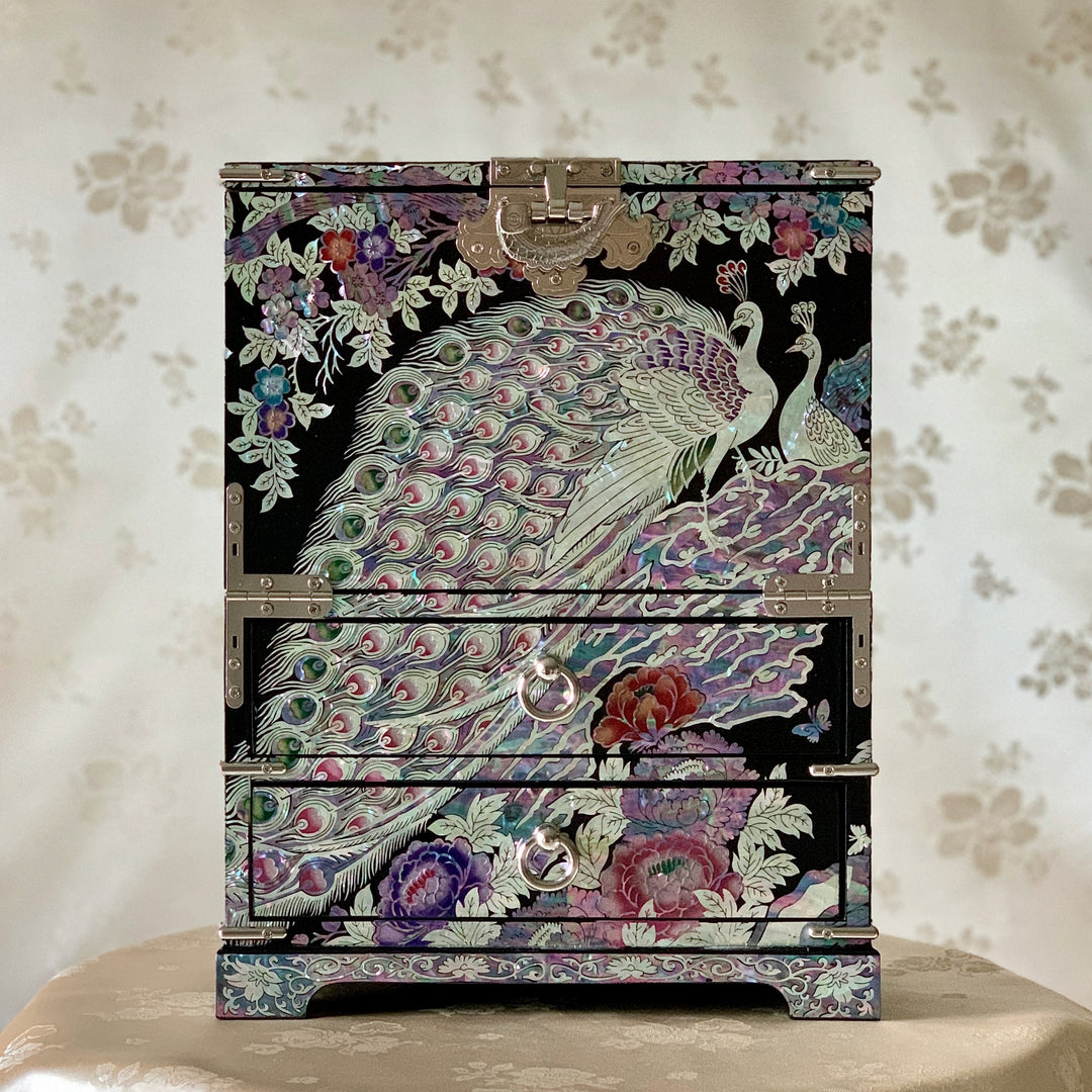 Mother of Pearl Jewelry Box with Peacock and Peony Pattern (자개 목단 공작문 반닫이 함)