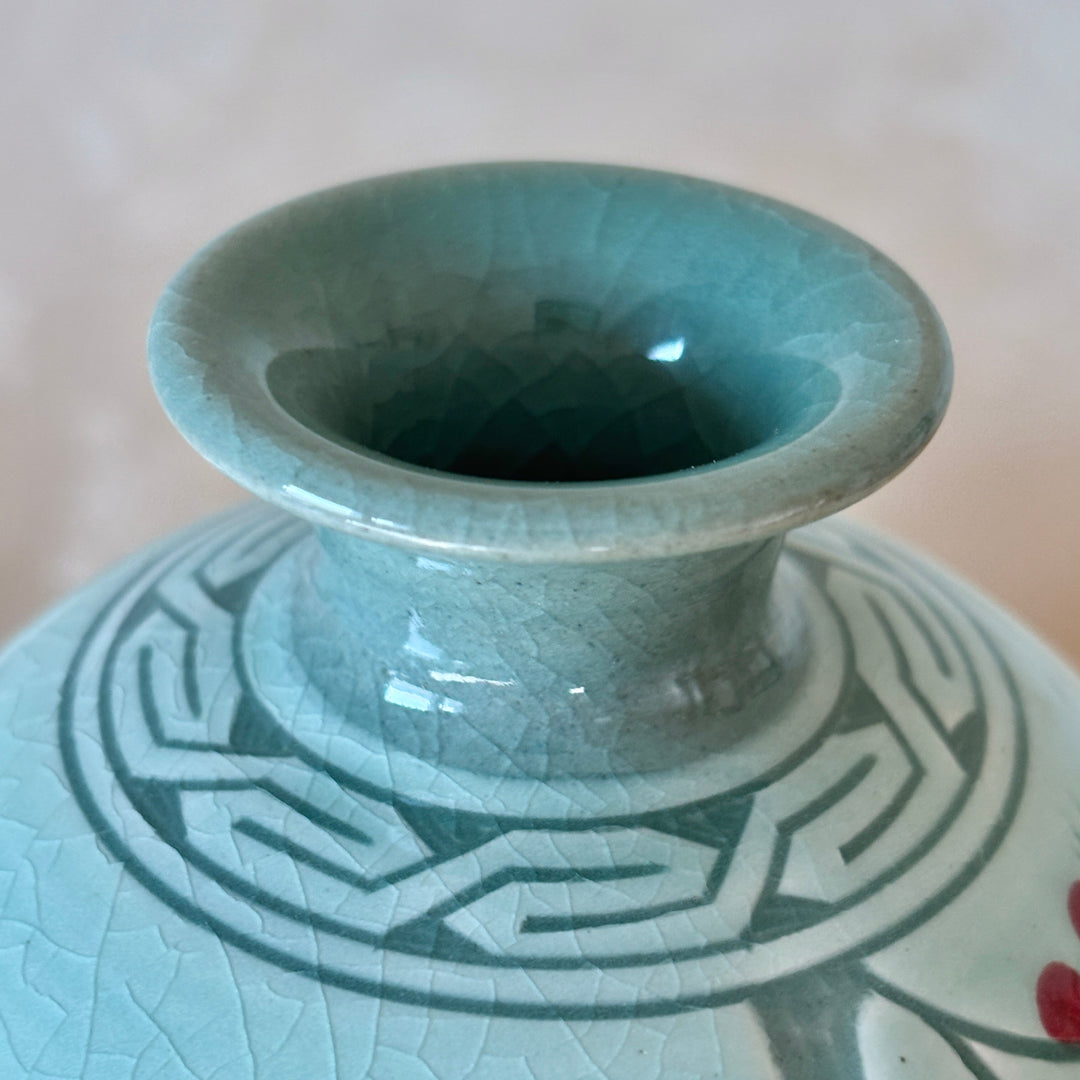 Celadon Vase: White Slip Sgraffito (Bakji) with Plum Blossom and Crane Motif