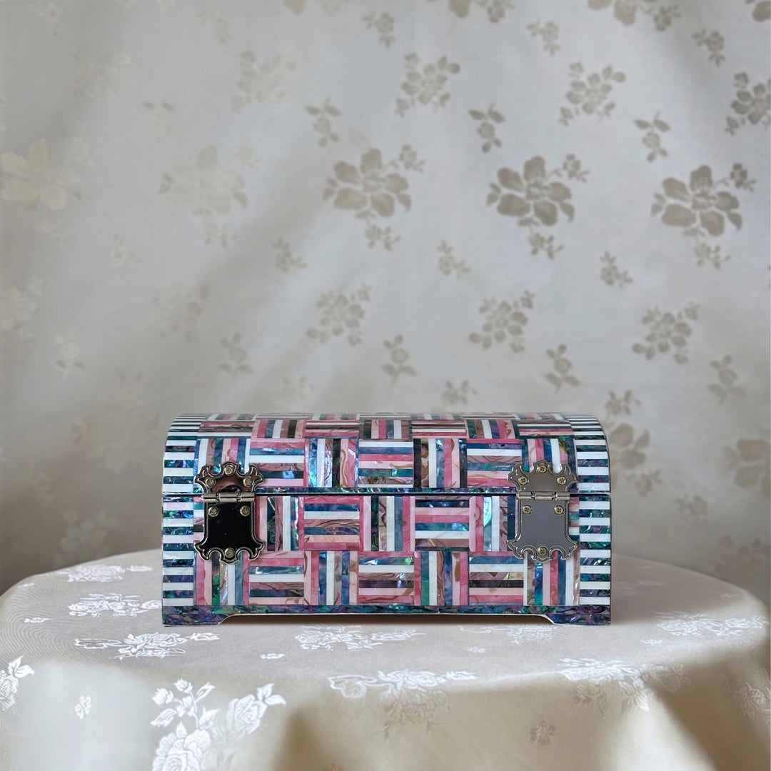 Mother-of-Pearl Arched-Lid Jewelry Box: Geometric Abalone Strip Composition