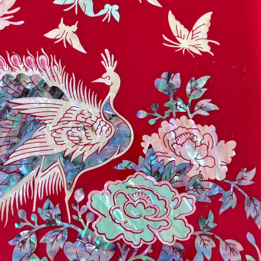 Mother-of-Pearl Jewelry Chest: Red Body with Peacock Motif in Scholar’s Desk Form