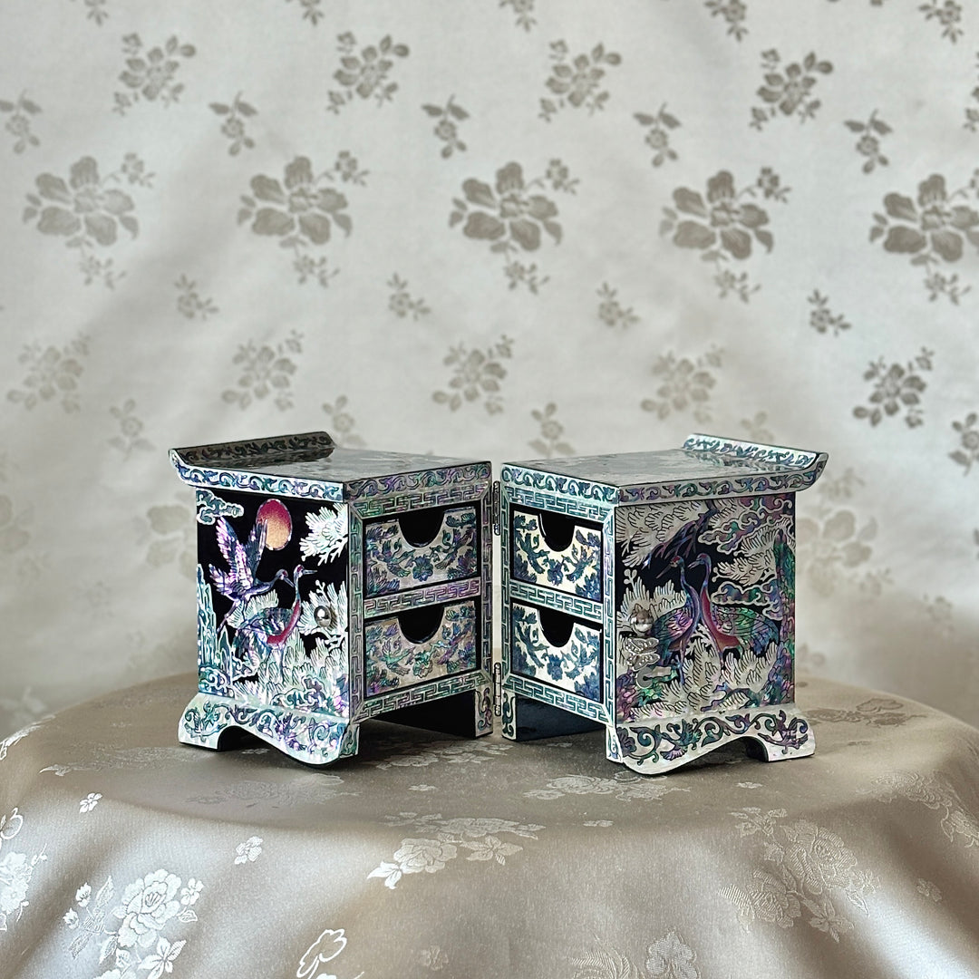 Mother of Pearl Jewelry Chest Pair: Black Body with Pine and Crane Motif in Scholar’s Desk Form