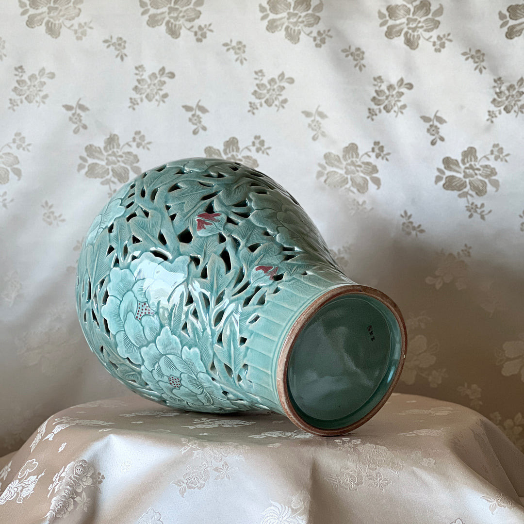 Celadon Double-Walled Openwork Vase: Sgraffito (Bakji) with Peony Motif