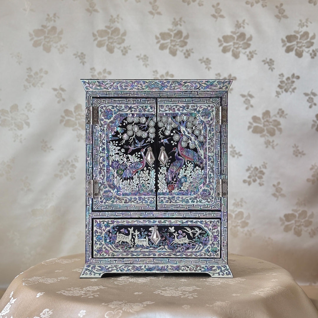 Mother of Pearl Double-Door Jewelry Chest: Symbol of Longevity Motif