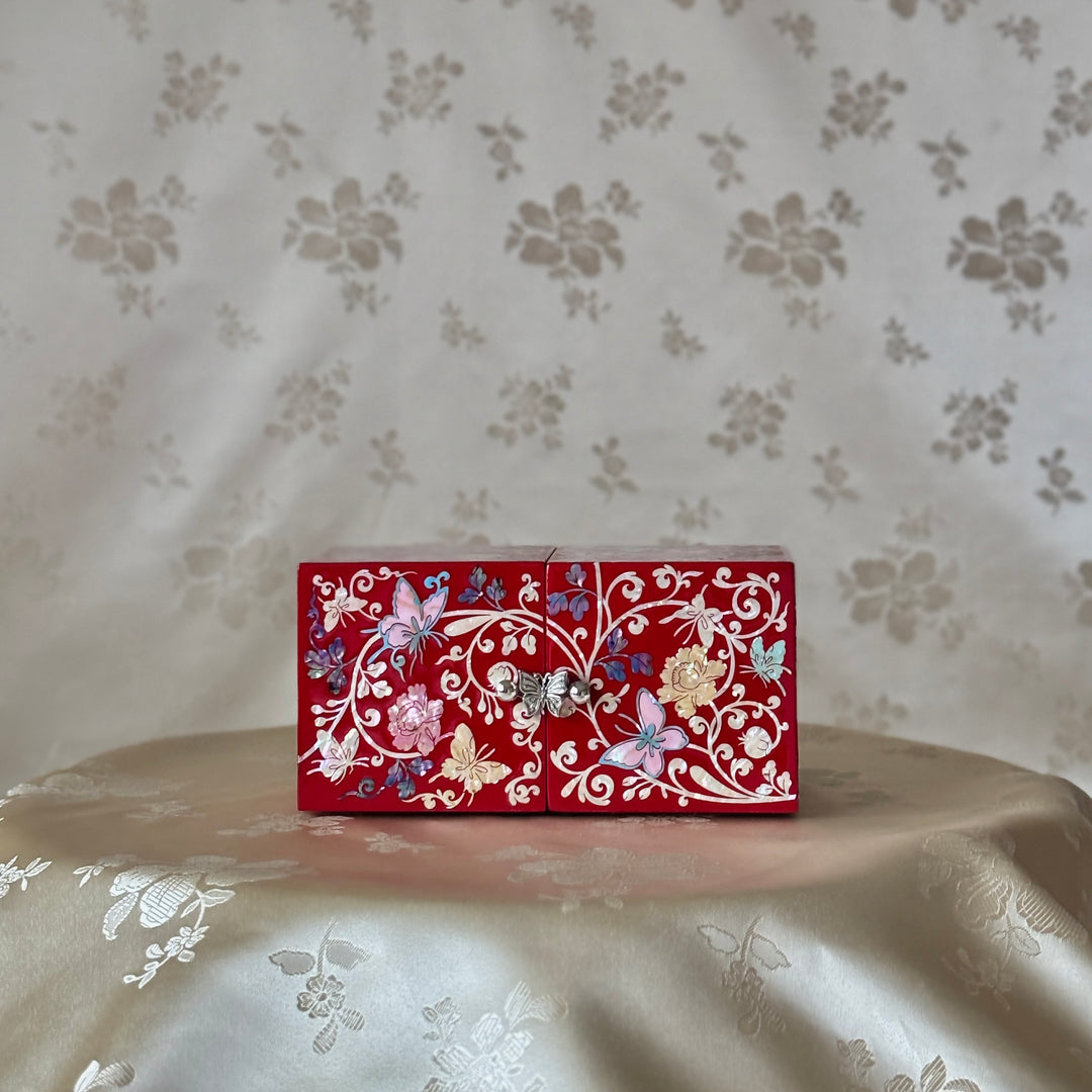 Mother-of-Pearl Double Jewelry Chest: Vivid Red Surface with Butterfly and Vine Motif
