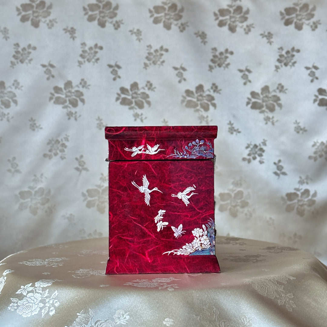 Mother-of-Pearl Jewelry Chest: Red Hanji Body with Crane-and-Pine Motif in Scholar’s Table Form