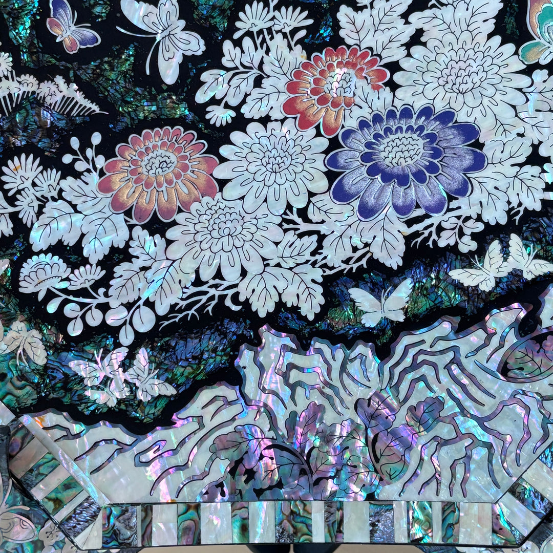 Mother of Pearl Octagonal Tray: Chrysanthemum and Butterfly on Abalone