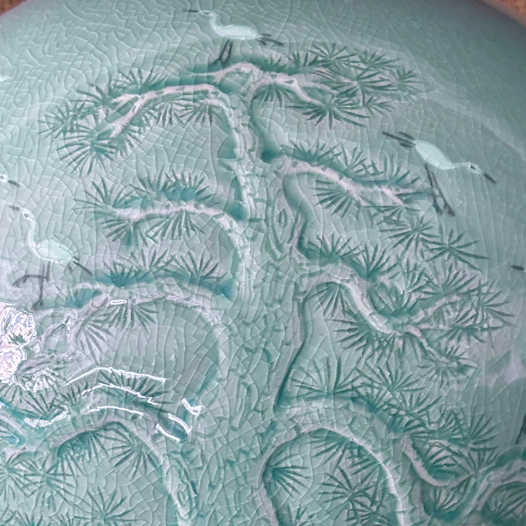 Celadon Jar (Ho): Pine in Relief and Inlaid Crane Motif by Master Artisan