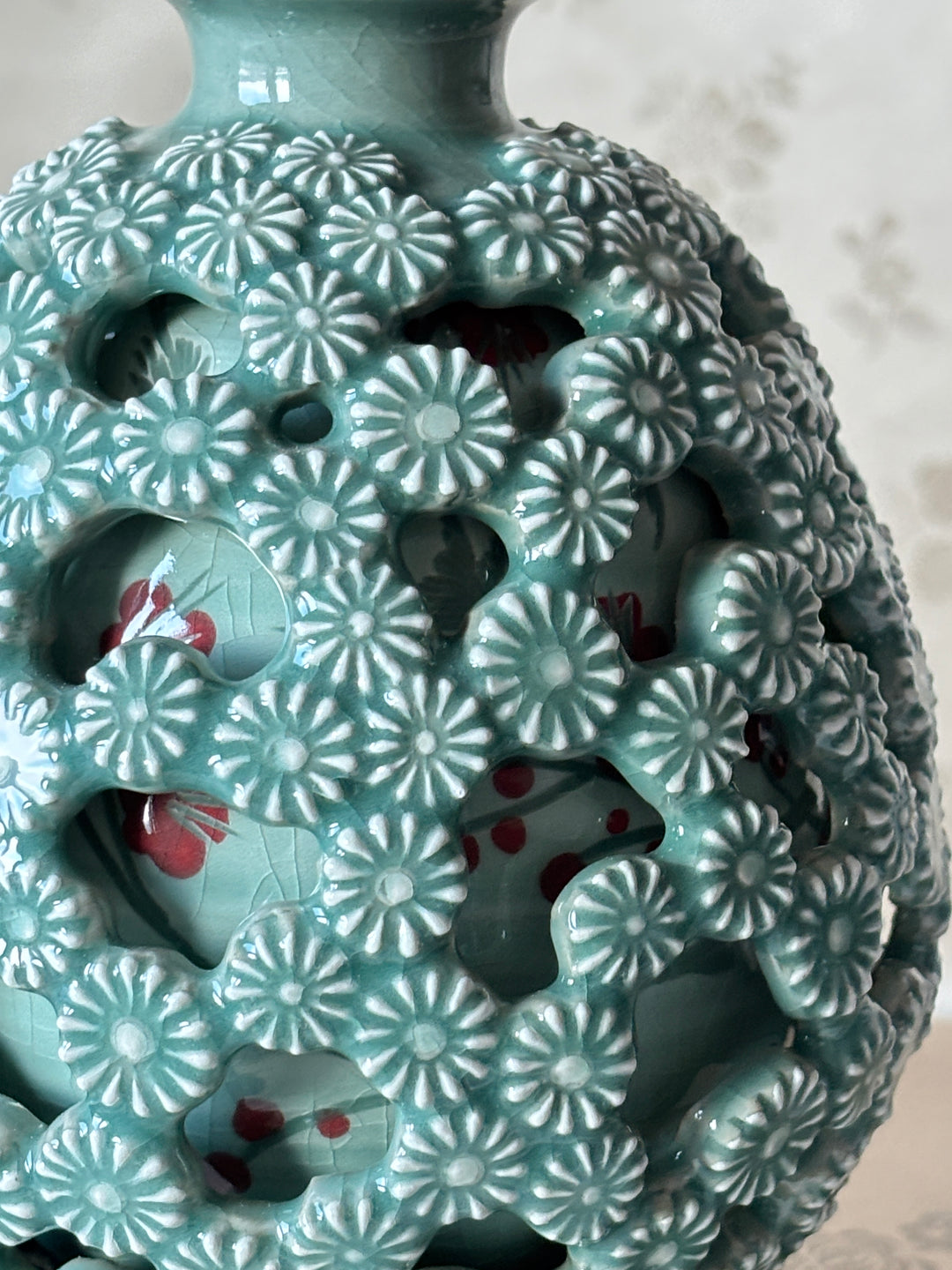 Celadon Vase: Double-Walled Openwork with Chrysanthemum and Crane-Plum Blossom Motifs