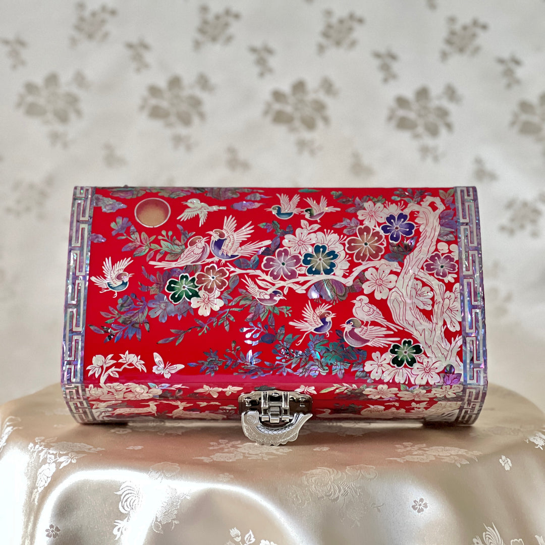 Mother of Pearl Red Jewelry Box with Plum Blossom Tree and Bird Pattern (자개 매조문 보석함)