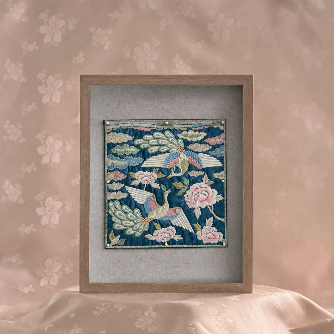 Embroidered Art Panel: Double Peacock and Peony Motif on Deep Blue Ground