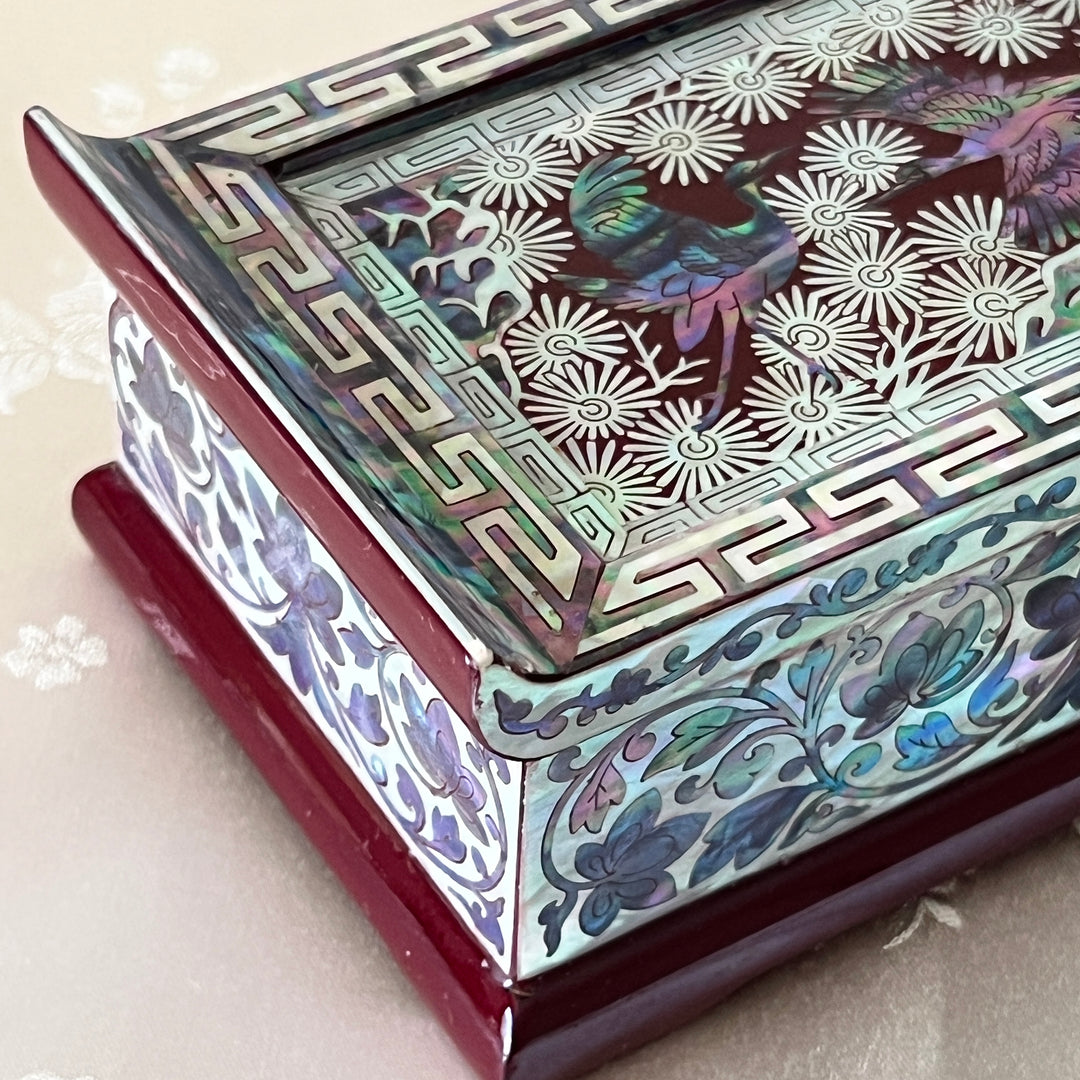 Mother-of-Pearl Lidded Box: Scholar’s Desk-Inspired Form with Crane and Pine Motif, Wine Ground