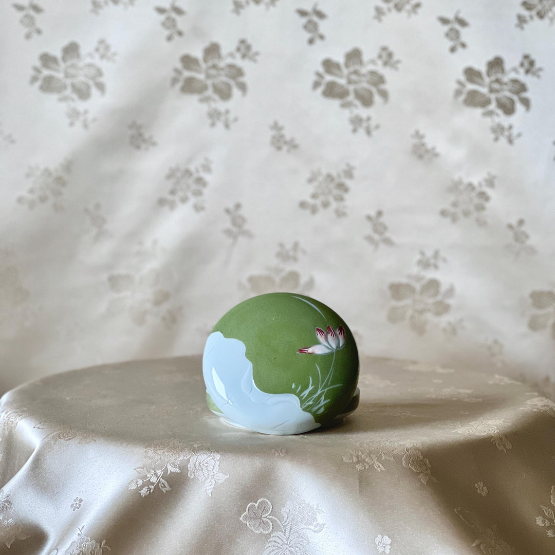 White Porcelain Covered Box: Green Slip with Lotus Motif