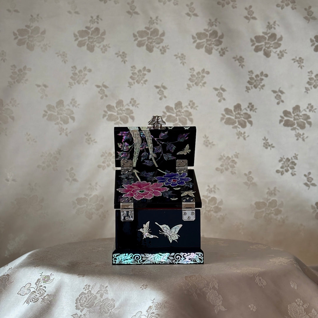 Mother of Pearl Vanity Chest with Mirror Stand: Black Body, Peony Motif