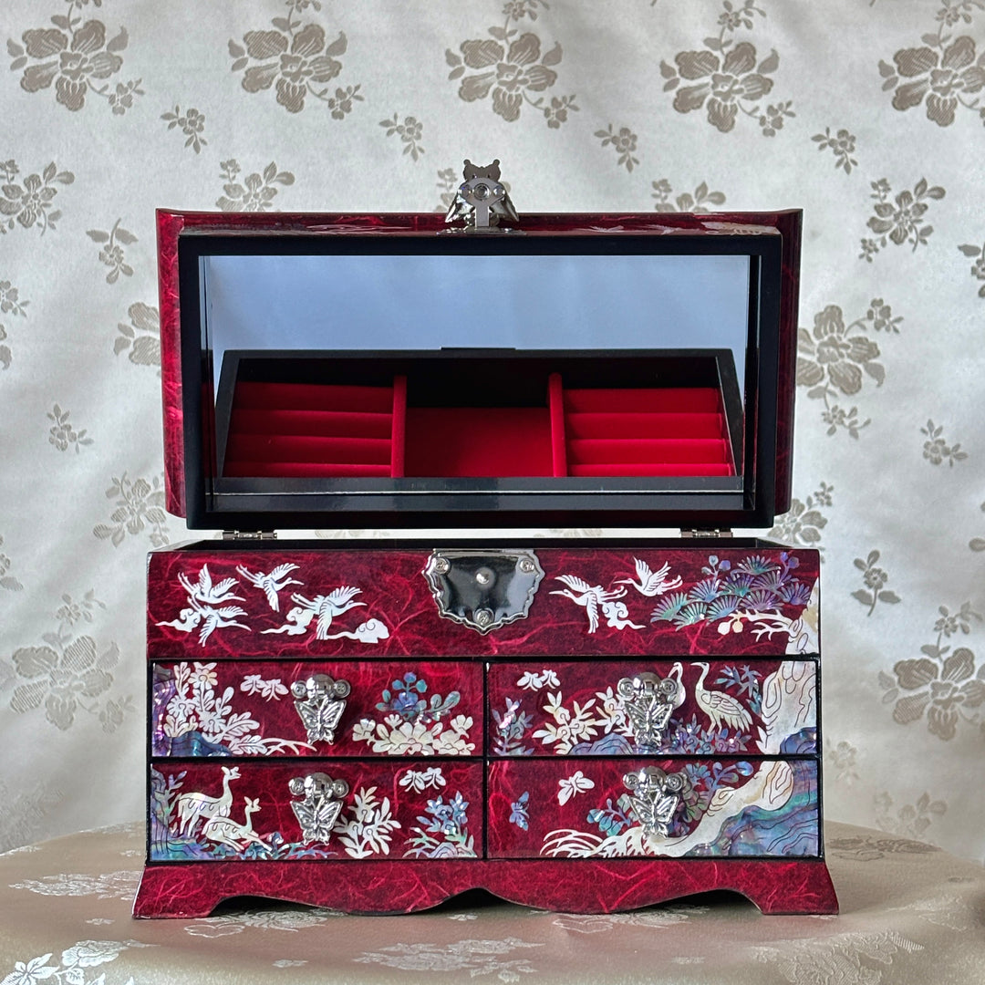 Mother-of-Pearl Jewelry Chest: Red Hanji Body with Crane-and-Pine Motif in Scholar’s Table Form