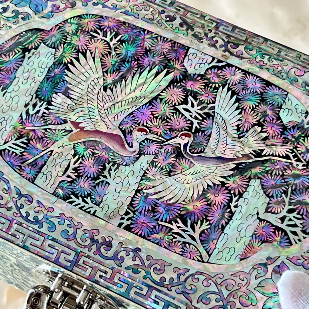 Mother-of-Pearl Jewelry Box: Paired Cranes in a Pine Grove