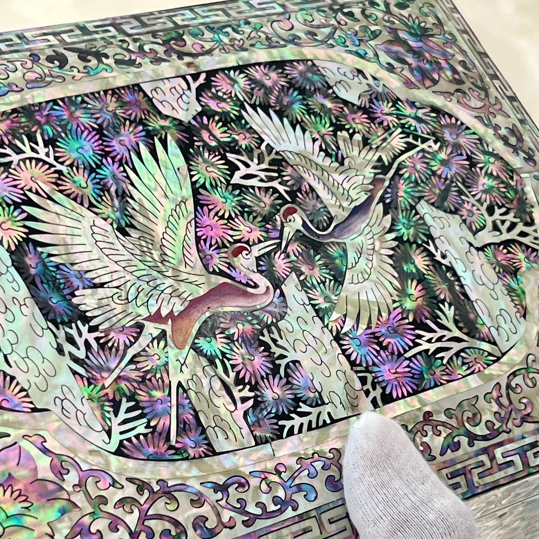 Mother-of-Pearl Jewelry Box: Paired Cranes in a Pine Grove